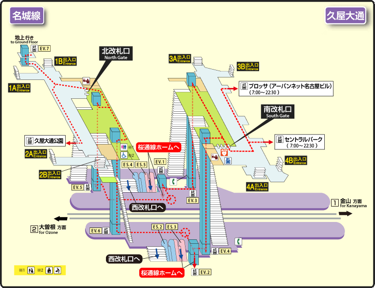 久屋大通站站內圖（名城線側）：櫻通線月台的電梯 EV.1、EV.2 通往名城線月台，EV.3、EV.4 通往南改札口，南改札口外往 4A、4B 出口方向有 Central Park 的電梯通往地面